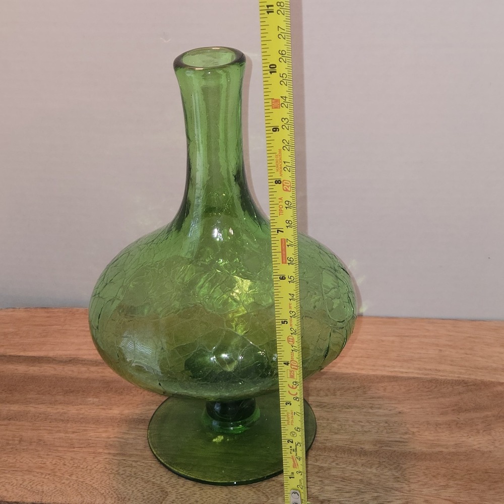 Vintage Green Crackle Glass Decanter Vase MCM Pedestal Blown Glass 11" Retro - Picture 4 of 8